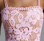 Pink Hollow Floral Crochet Lace Thin Spaghetti Strap Scalloped Neck Fishtail Mermaid Dress - Avalabel