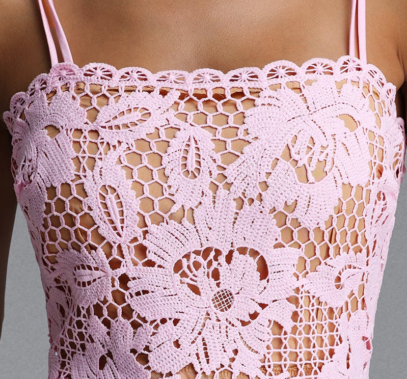 Pink Hollow Floral Crochet Lace Thin Spaghetti Strap Scalloped Neck Fishtail Mermaid Dress - Avalabel