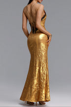 Black Lace Trim Metallic Gold Spaghetti Strap Mermaid Maxi Dress poava