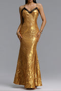 Black Lace Trim Metallic Gold Spaghetti Strap Mermaid Maxi Dress poava