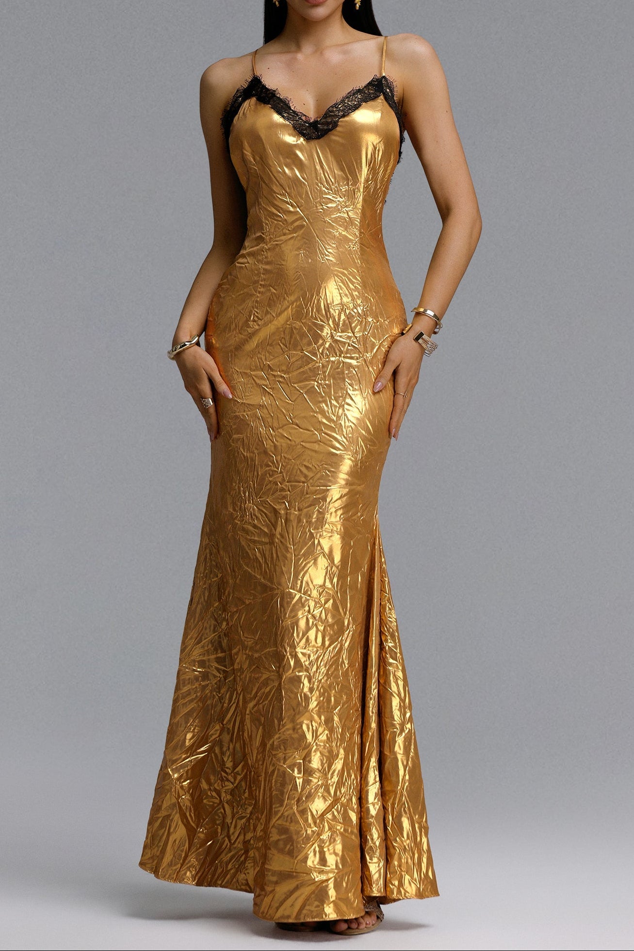 Black Lace Trim Metallic Gold Spaghetti Strap Mermaid Maxi Dress poava