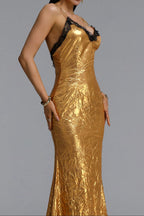 Black Lace Trim Metallic Gold Spaghetti Strap Mermaid Maxi Dress poava
