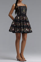 Square Neck Floral Print Tiered Spaghetti Strap Mini Dress poava