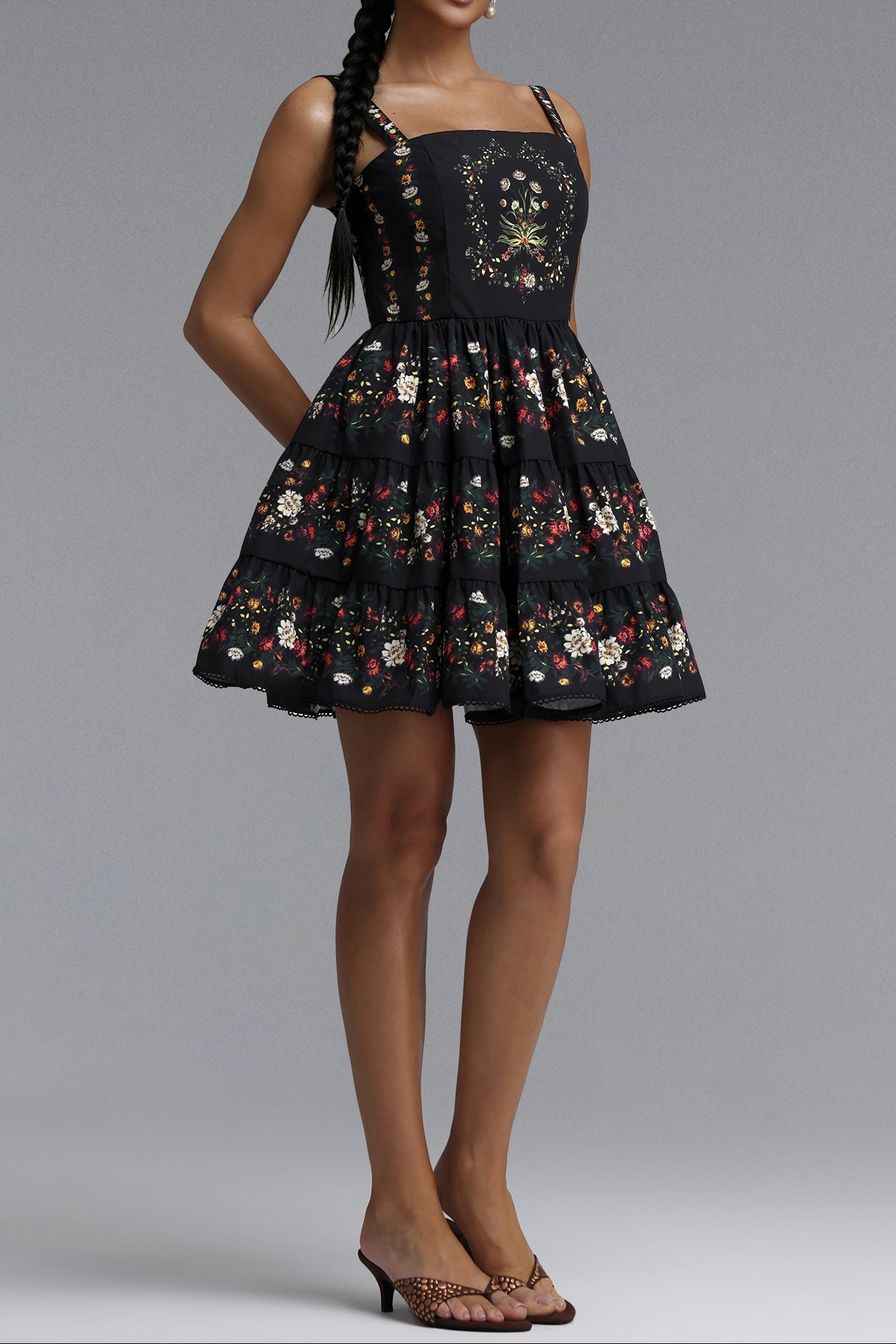 Square Neck Floral Print Tiered Spaghetti Strap Mini Dress poava