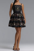 Square Neck Floral Print Tiered Spaghetti Strap Mini Dress poava