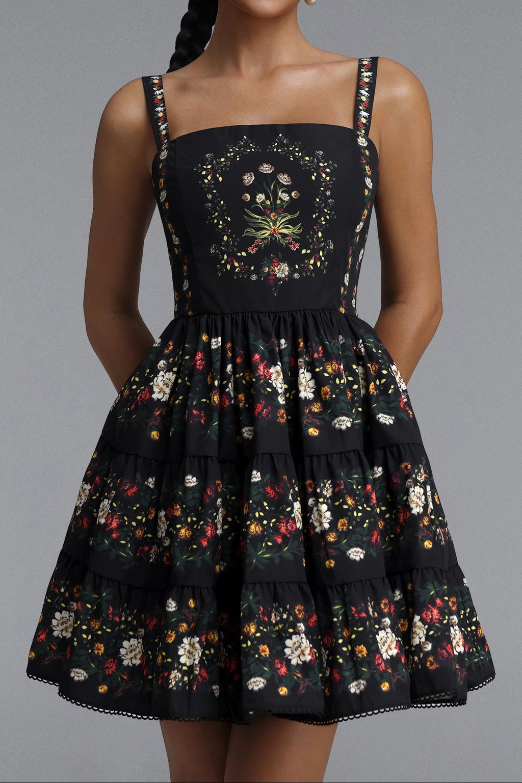 Square Neck Floral Print Tiered Spaghetti Strap Mini Dress poava