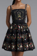 Square Neck Floral Print Tiered Spaghetti Strap Mini Dress poava