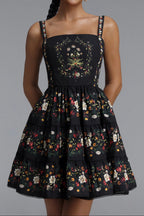 Square Neck Floral Print Tiered Spaghetti Strap Mini Dress poava