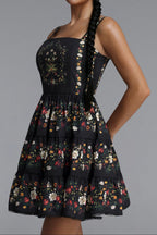 Square Neck Floral Print Tiered Spaghetti Strap Mini Dress poava
