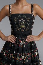 Square Neck Floral Print Tiered Spaghetti Strap Mini Dress poava