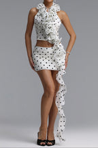 Polka Dot Ruffle Halter Crop Top & Mini Skirt Two Piece Set poava