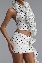 Polka Dot Ruffle Halter Crop Top & Mini Skirt Two Piece Set poava