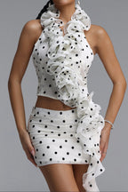 Polka Dot Ruffle Halter Crop Top & Mini Skirt Two Piece Set poava