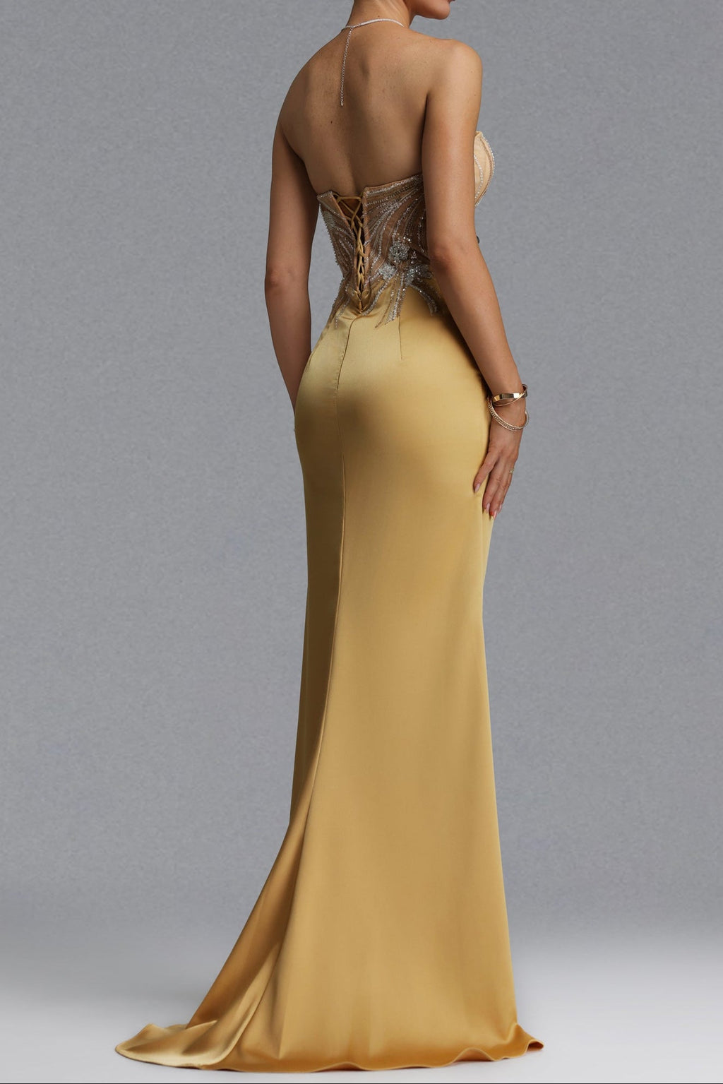 Strapless Rhinestone Mesh Ruffle Satin Mermaid Evening Gown poava