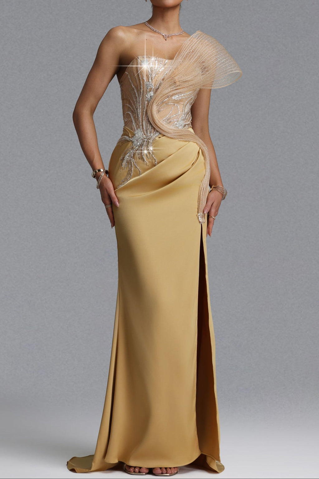 Strapless Rhinestone Mesh Ruffle Satin Mermaid Evening Gown poava