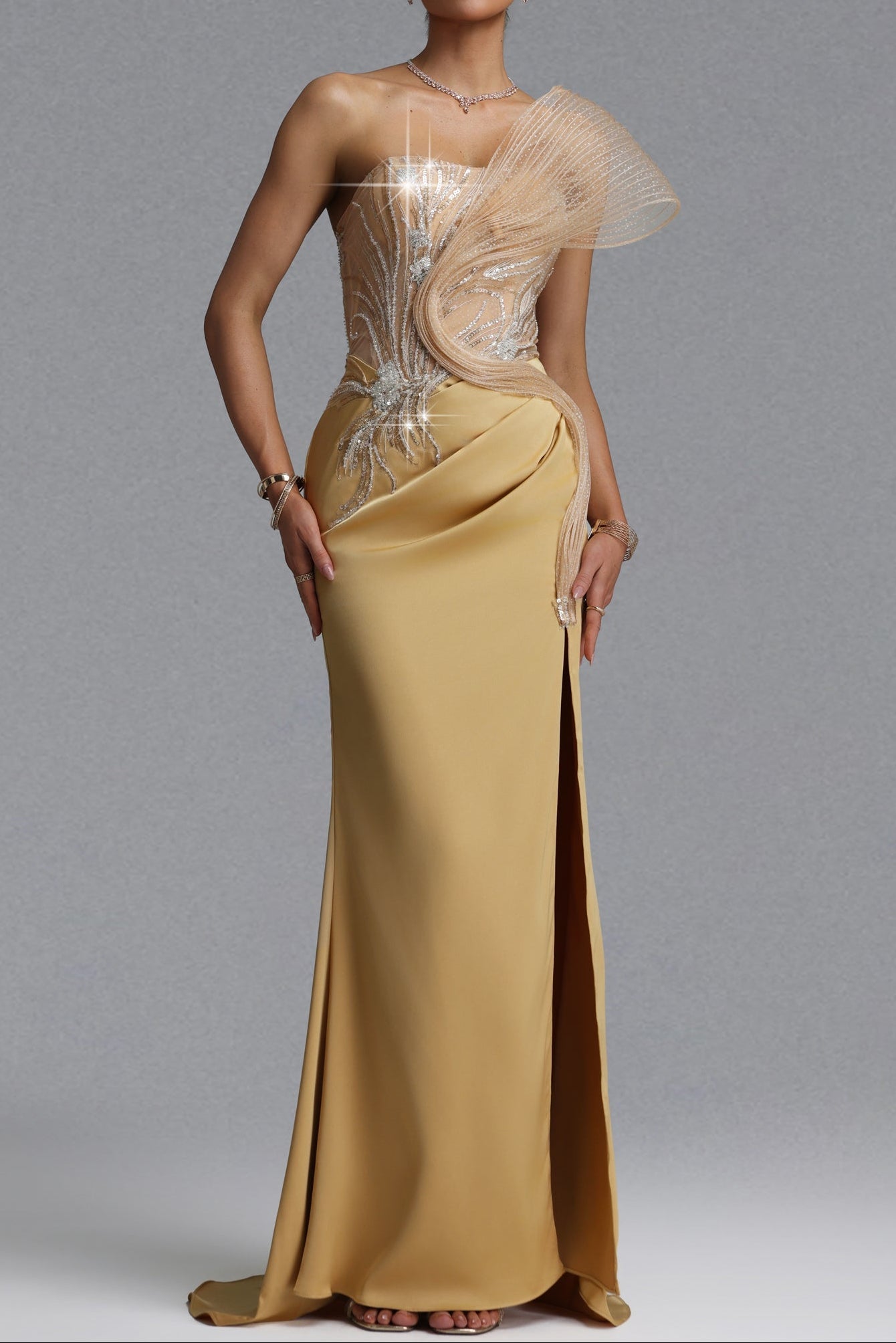Strapless Rhinestone Mesh Ruffle Satin Mermaid Evening Gown poava