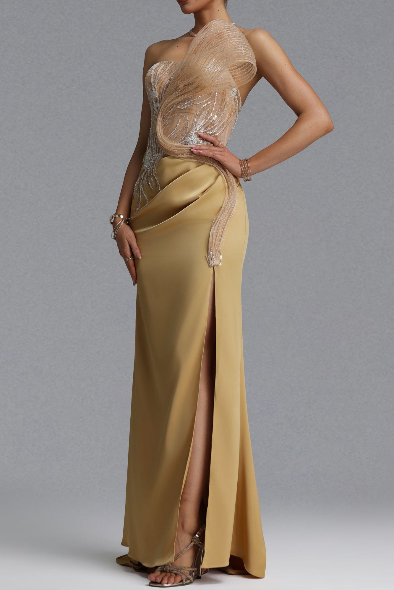 Strapless Rhinestone Mesh Ruffle Satin Mermaid Evening Gown poava