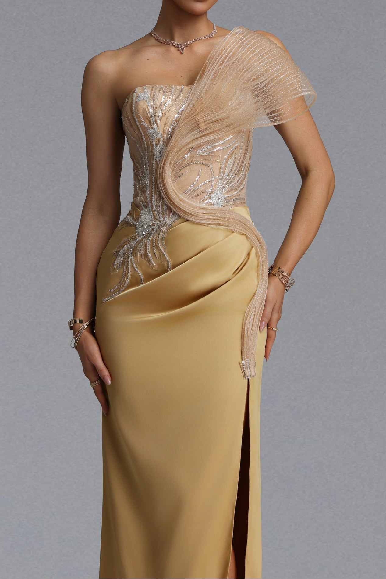 Strapless Rhinestone Mesh Ruffle Satin Mermaid Evening Gown poava