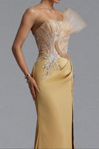 Strapless Rhinestone Mesh Ruffle Satin Mermaid Evening Gown poava