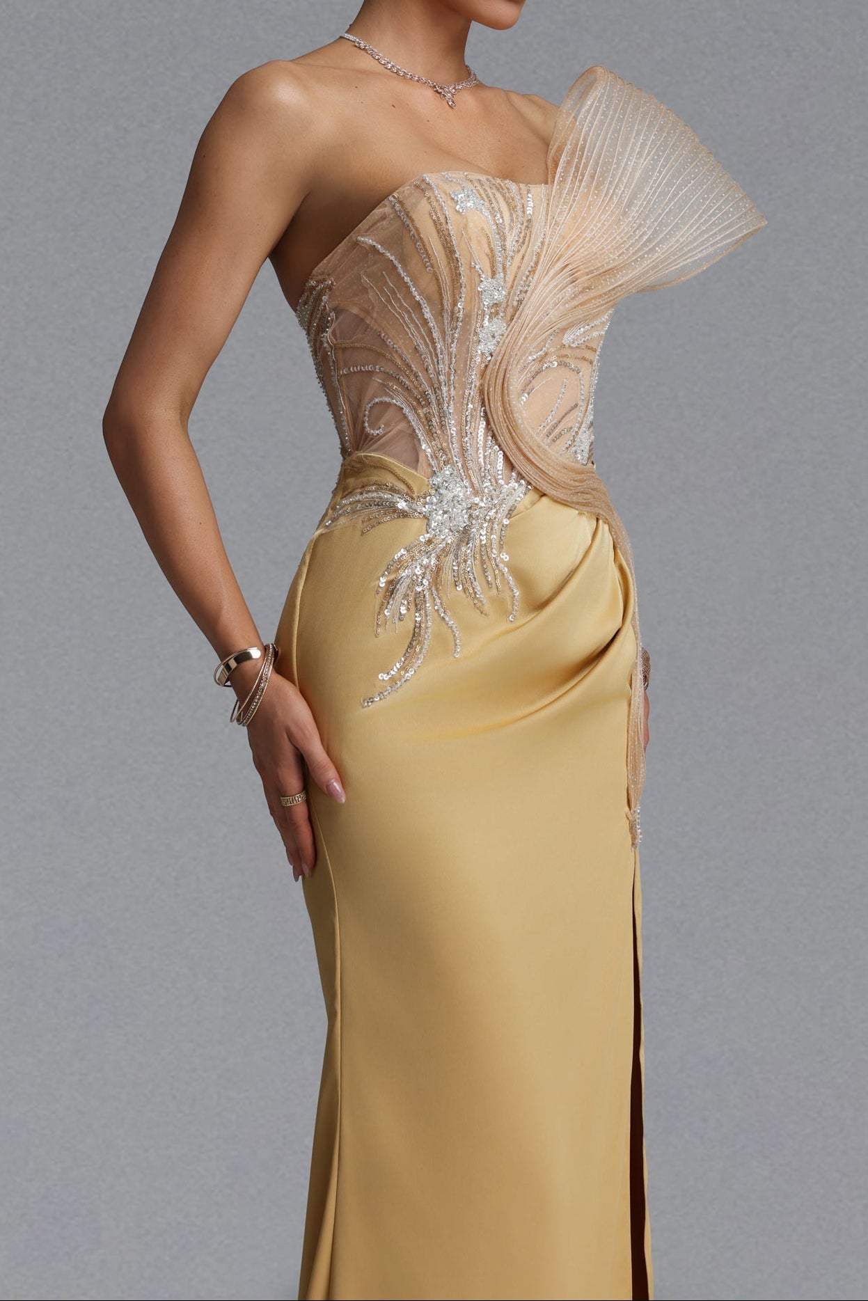 Strapless Rhinestone Mesh Ruffle Satin Mermaid Evening Gown poava