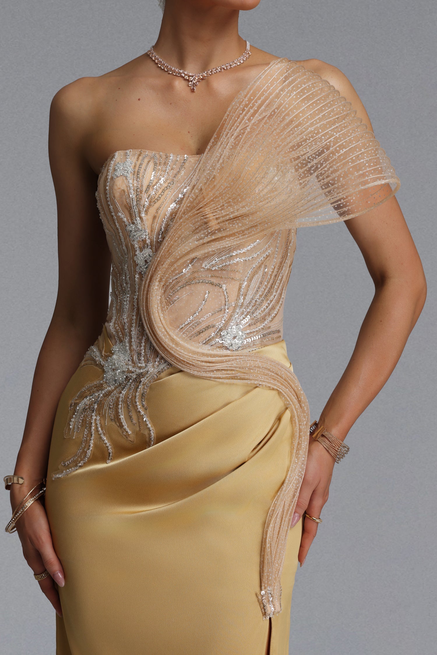 Strapless Rhinestone Mesh Ruffle Satin Mermaid Evening Gown poava