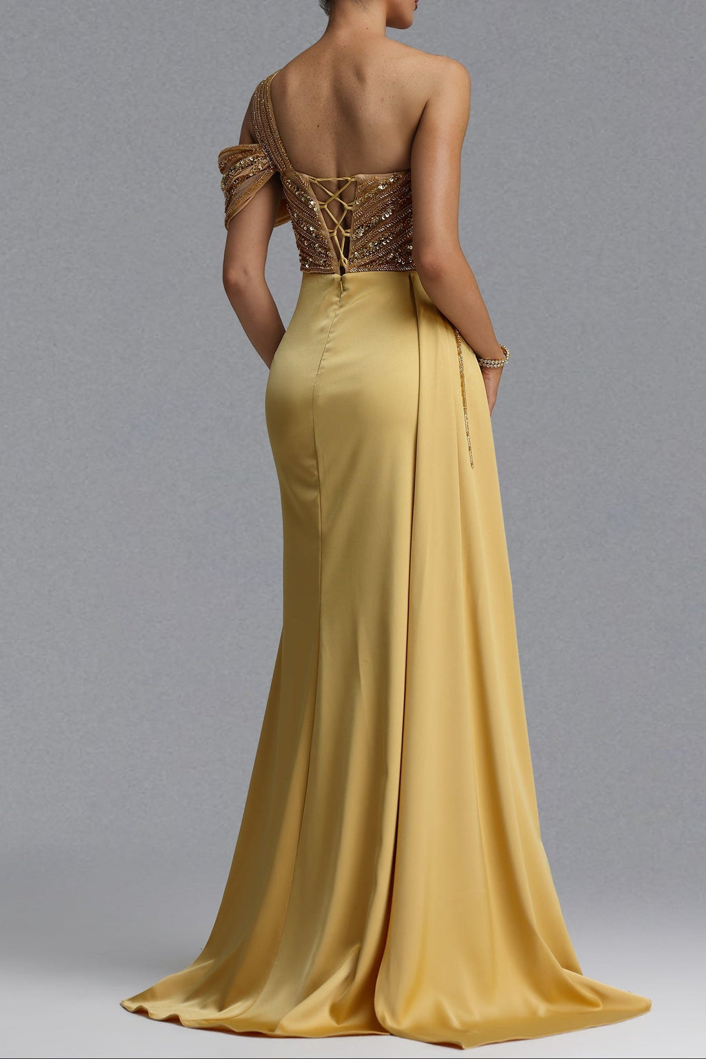 One Shoulder Beaded Mesh Draped Satin Mermaid Evening Gown poava