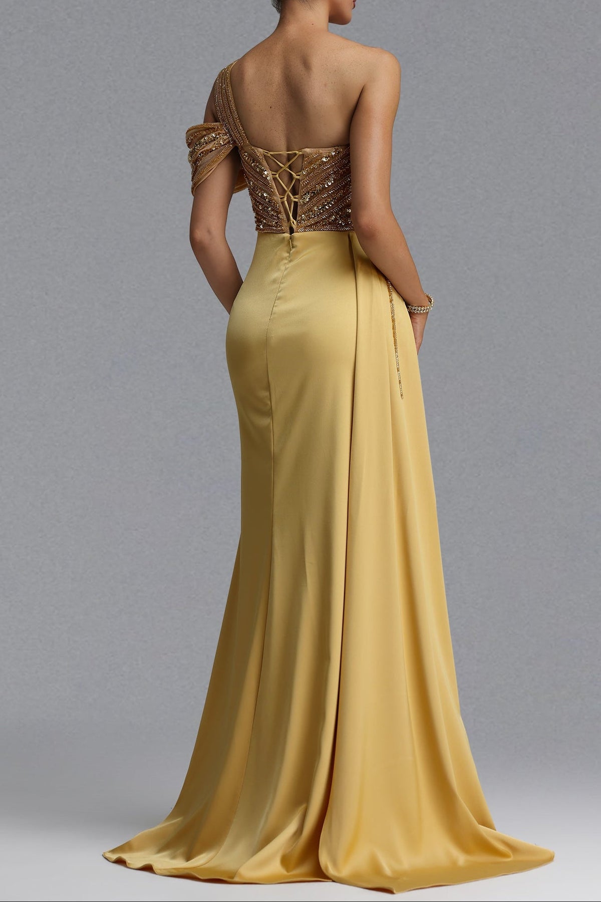 One Shoulder Beaded Mesh Draped Satin Mermaid Evening Gown poava