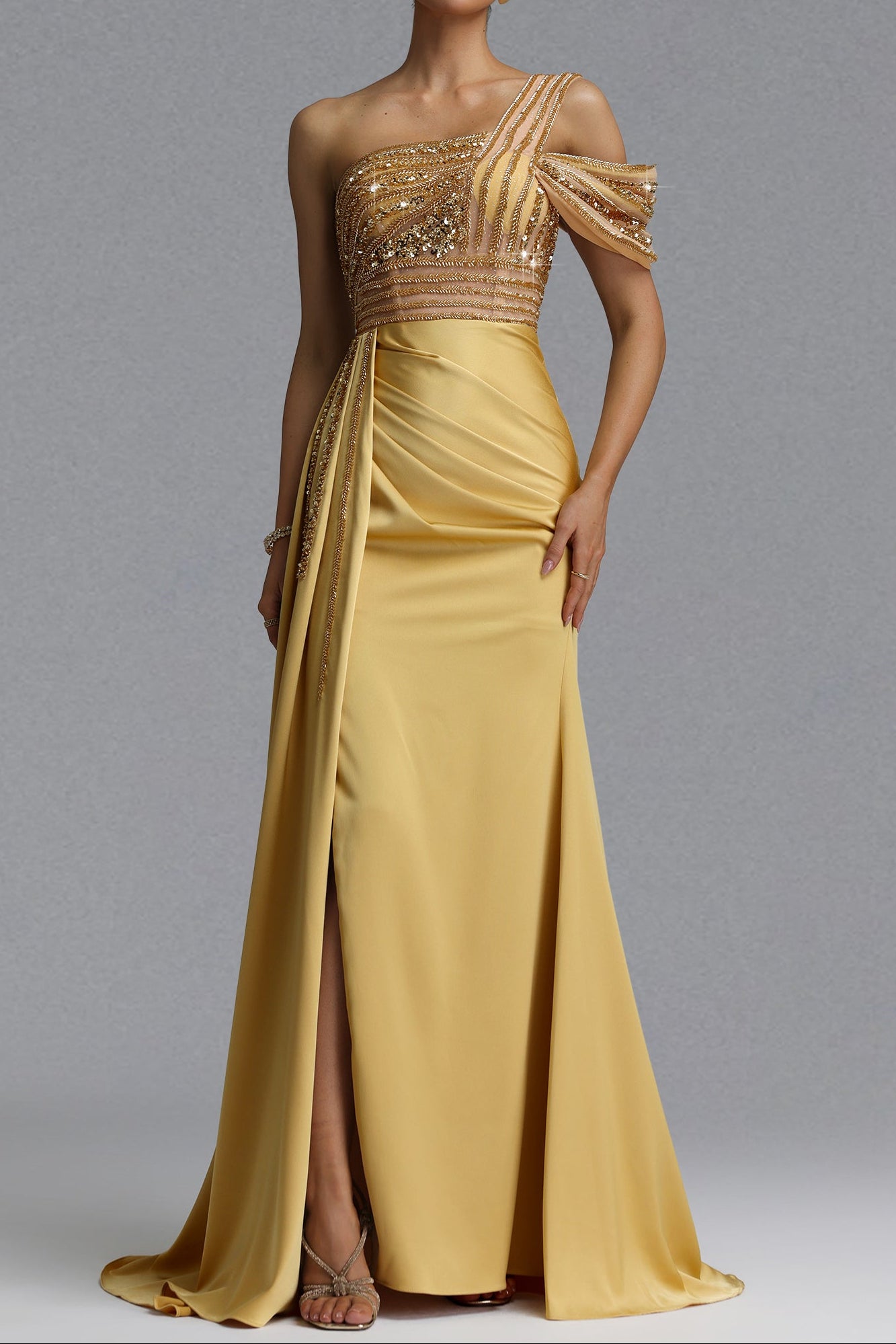 One Shoulder Beaded Mesh Draped Satin Mermaid Evening Gown poava