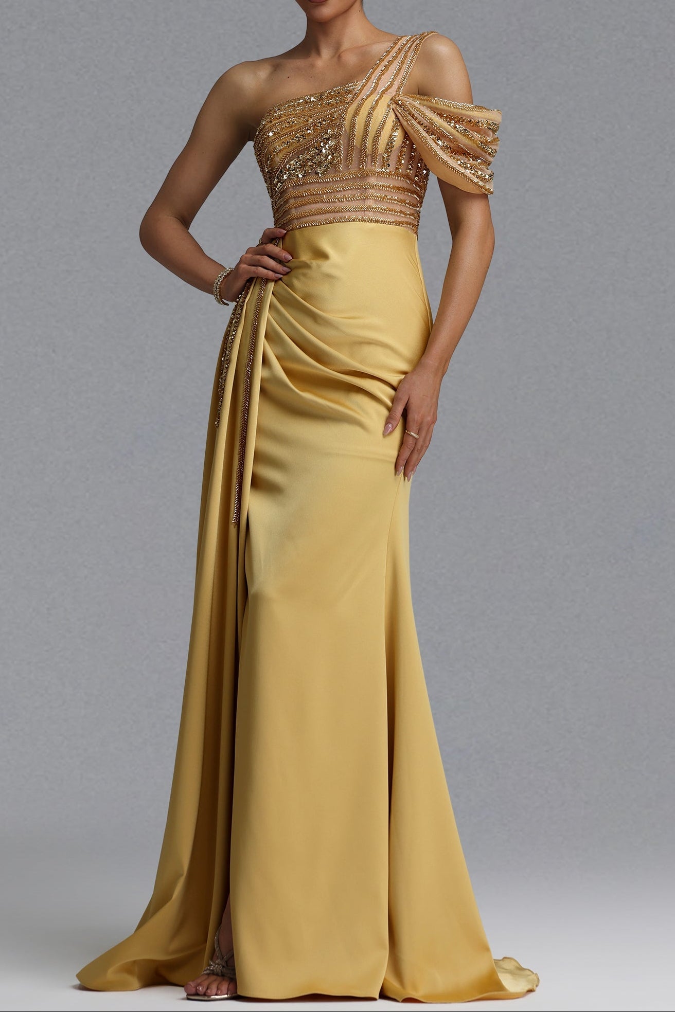 One Shoulder Beaded Mesh Draped Satin Mermaid Evening Gown poava