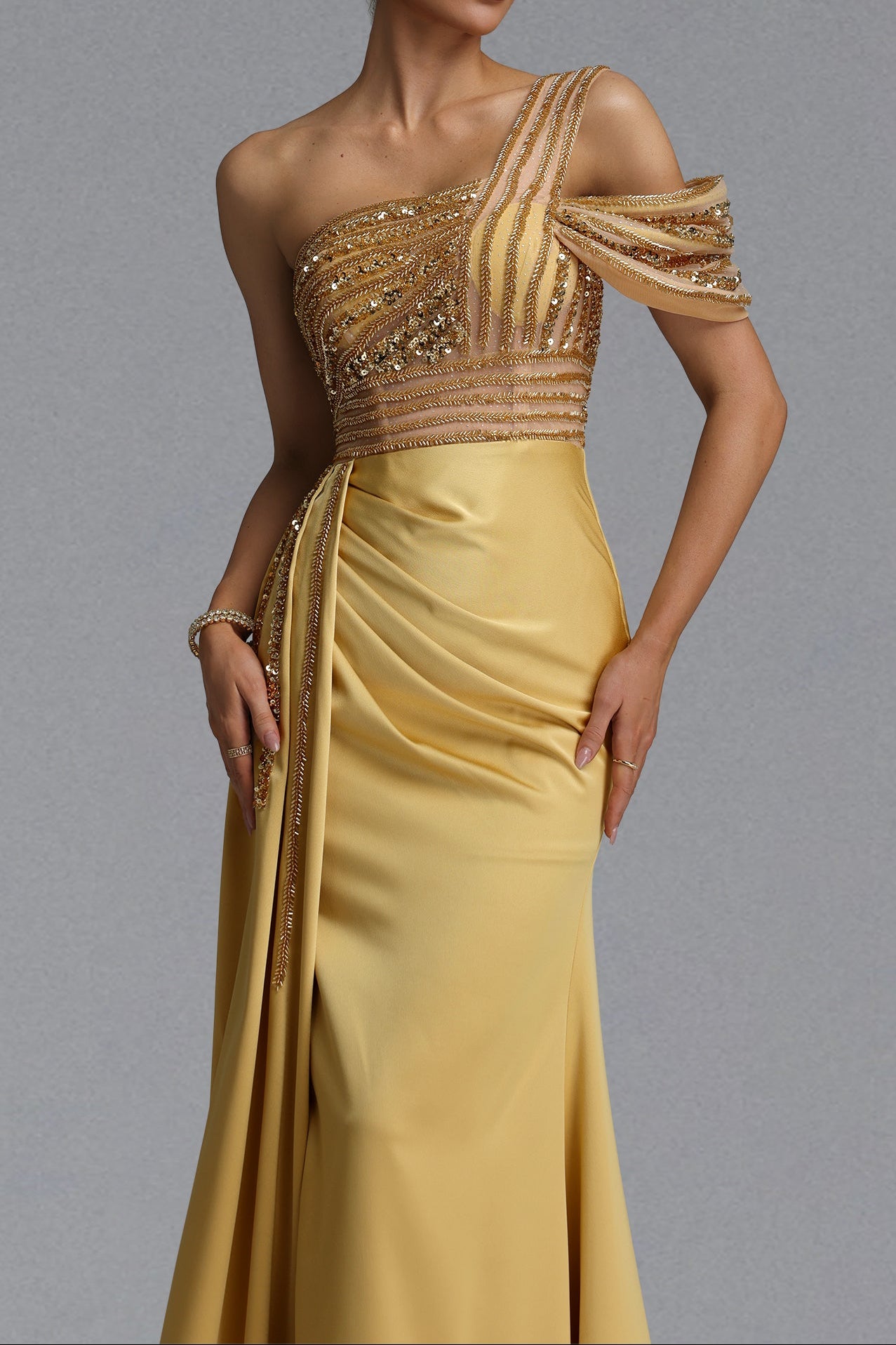 One Shoulder Beaded Mesh Draped Satin Mermaid Evening Gown poava