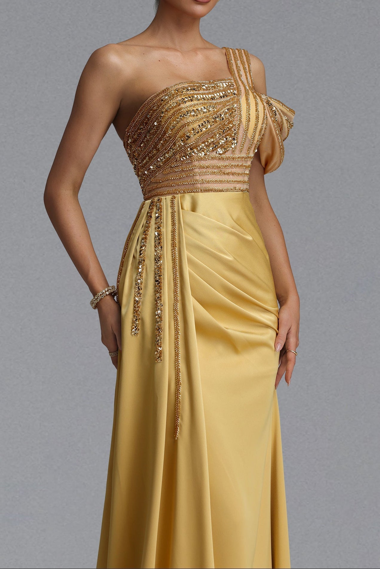 One Shoulder Beaded Mesh Draped Satin Mermaid Evening Gown poava
