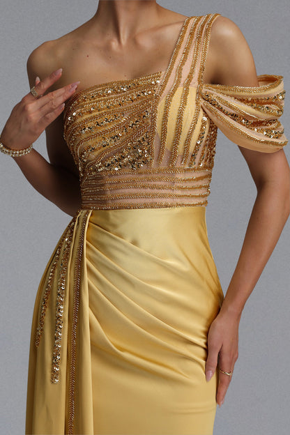 One Shoulder Beaded Mesh Draped Satin Mermaid Evening Gown poava
