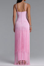 Rhinestone Floral Fringe Spaghetti Strap Maxi Dress poava