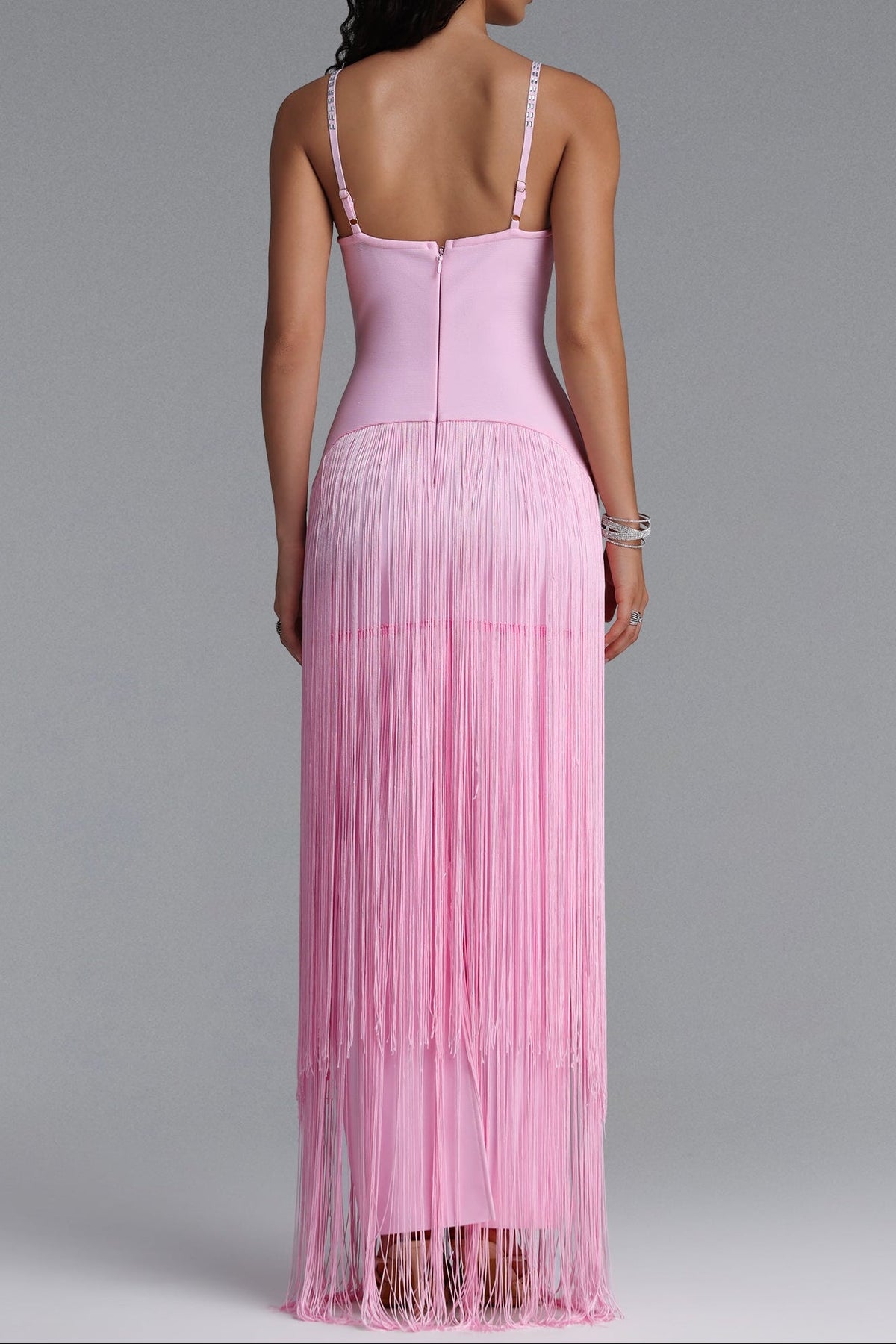 Rhinestone Floral Fringe Spaghetti Strap Maxi Dress poava