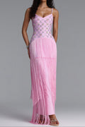 Rhinestone Floral Fringe Spaghetti Strap Maxi Dress poava