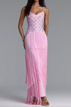 Rhinestone Floral Fringe Spaghetti Strap Maxi Dress poava
