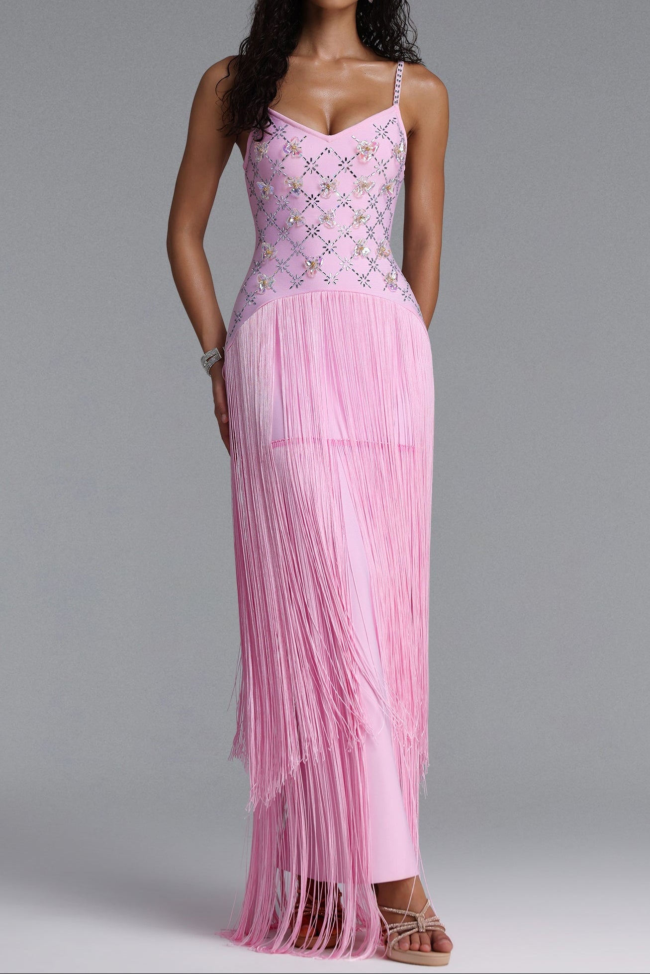 Rhinestone Floral Fringe Spaghetti Strap Maxi Dress poava