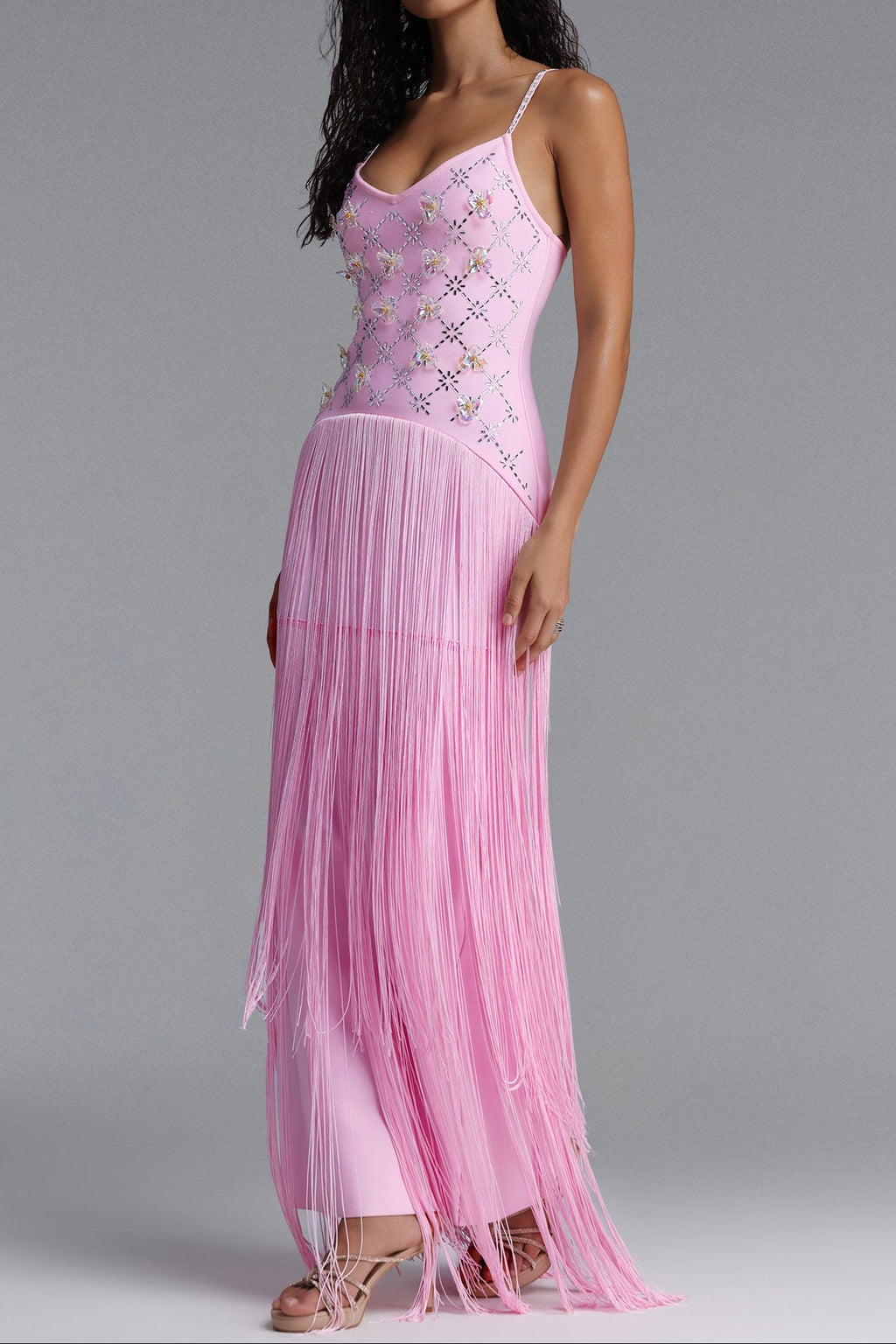Rhinestone Floral Fringe Spaghetti Strap Maxi Dress poava