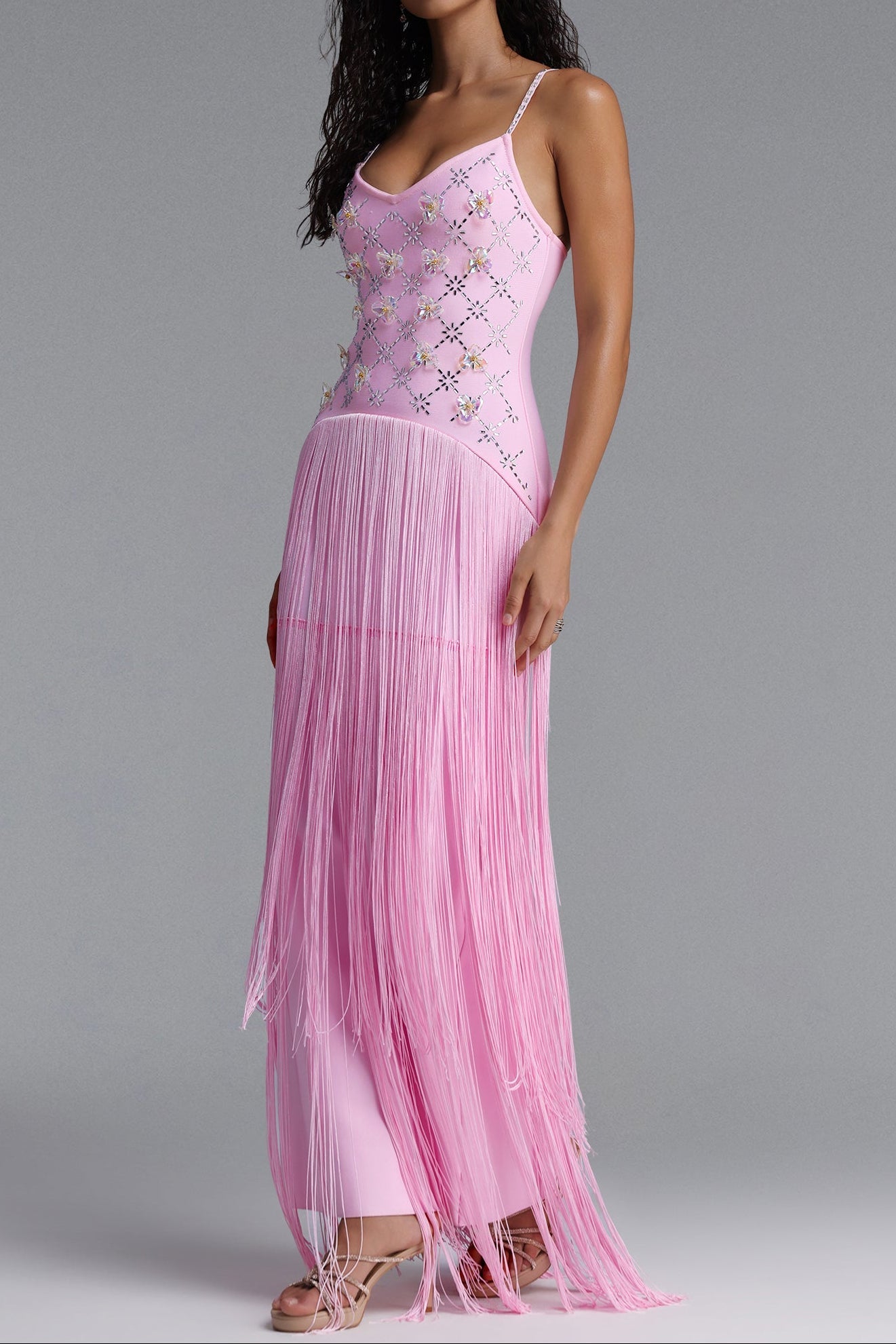 Rhinestone Floral Fringe Spaghetti Strap Maxi Dress poava