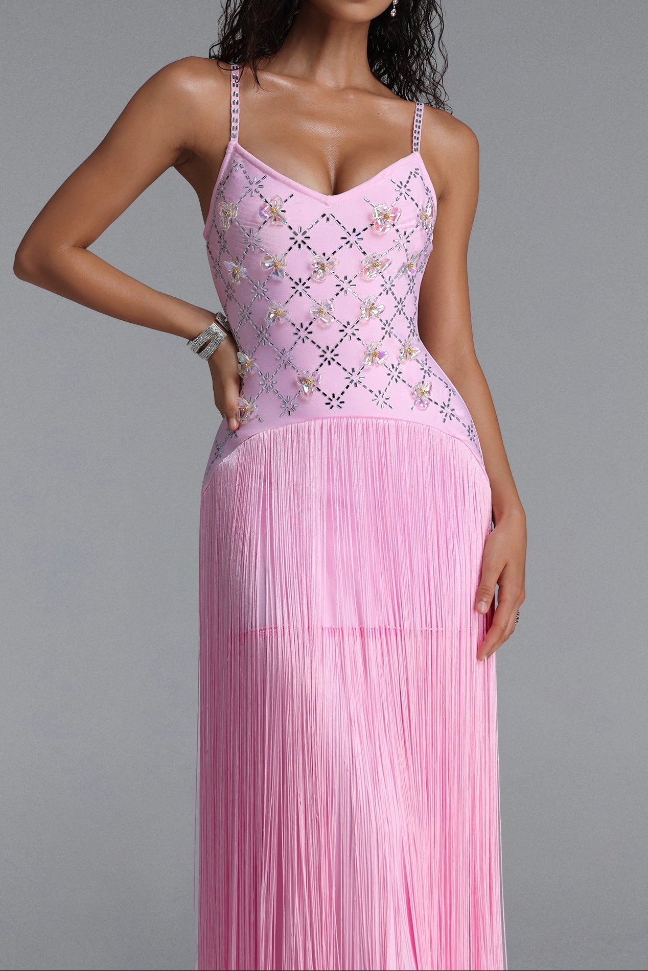 Rhinestone Floral Fringe Spaghetti Strap Maxi Dress poava