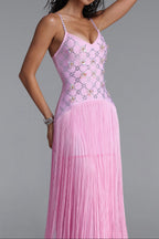 Rhinestone Floral Fringe Spaghetti Strap Maxi Dress poava