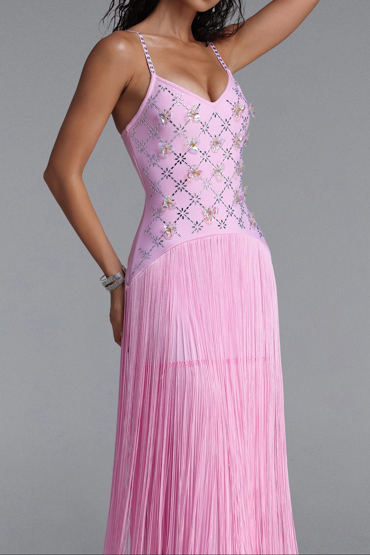 Rhinestone Floral Fringe Spaghetti Strap Maxi Dress poava