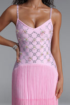 Rhinestone Floral Fringe Spaghetti Strap Maxi Dress poava