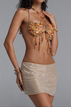 Amber Agate Mixed Stone Halter Tassel Body Chain Top poava