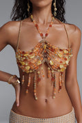Amber Agate Mixed Stone Halter Tassel Body Chain Top poava