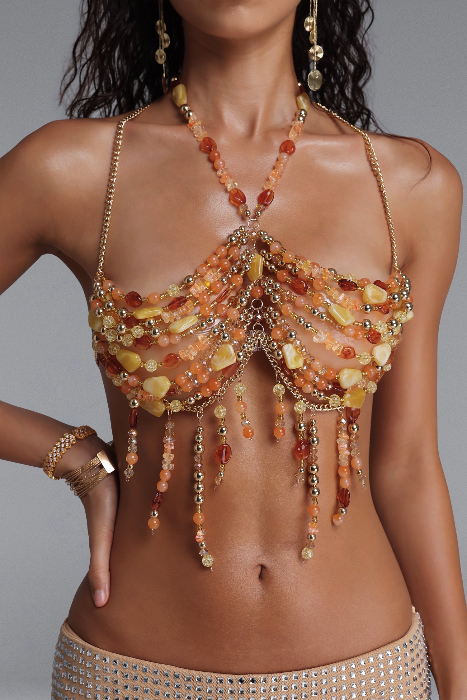 Amber Agate Mixed Stone Halter Tassel Body Chain Top poava
