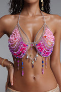Colorful Bead Crystal Chain Halter Crop Top poava