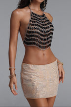 Oval Black Crystal Silver Chain Halter Crop Top poava