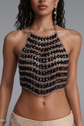Oval Black Crystal Silver Chain Halter Crop Top poava