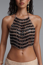 Oval Black Crystal Silver Chain Halter Crop Top poava